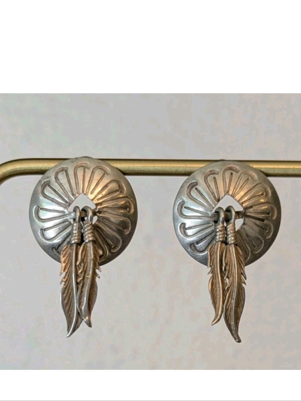 Vintage Sterling Silver Concho Earrings Feather Dangle Southwestern Boho 925